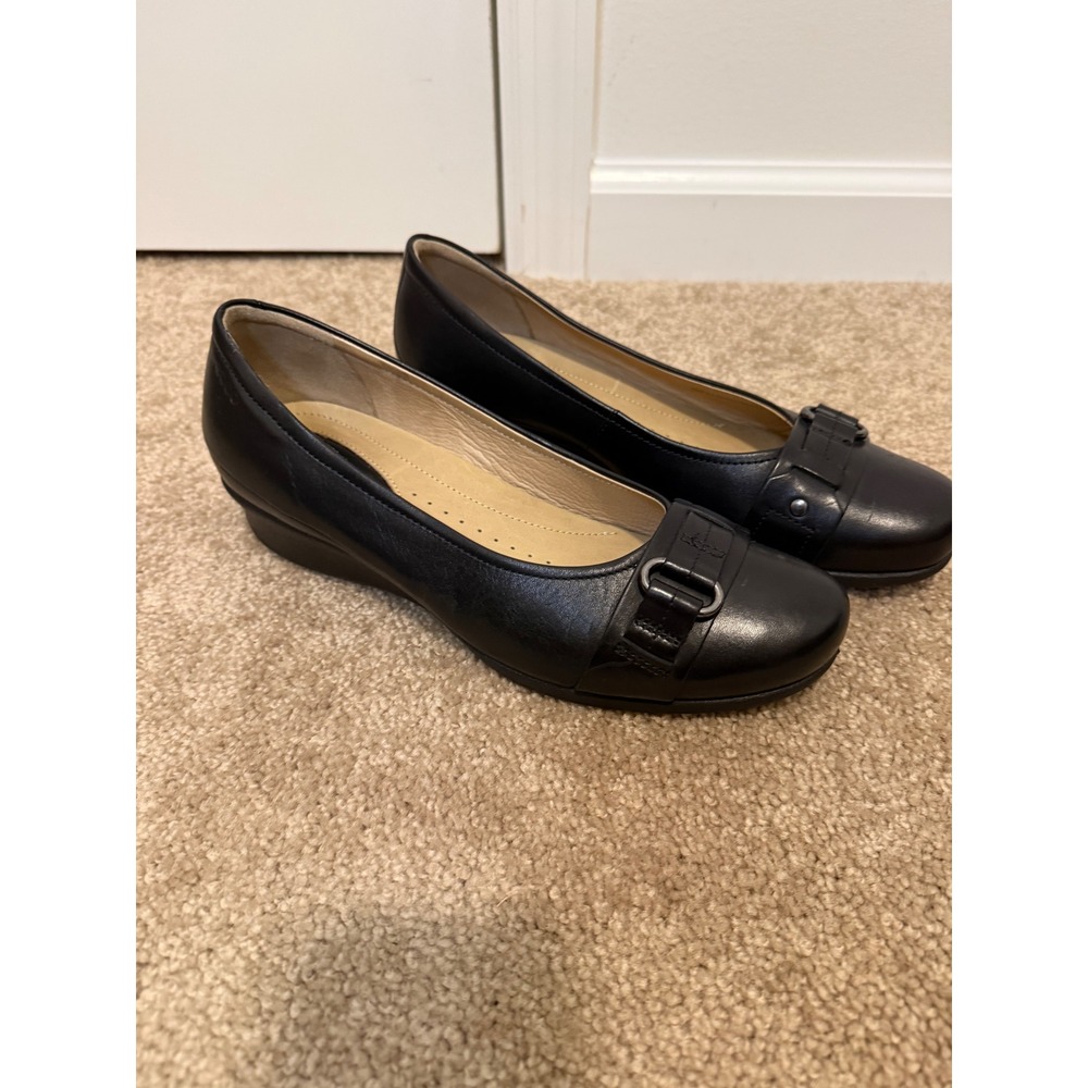 Ecco Wedge Pumps Womens 40 Black Excellent Leather Buckle Strap Comfort Office